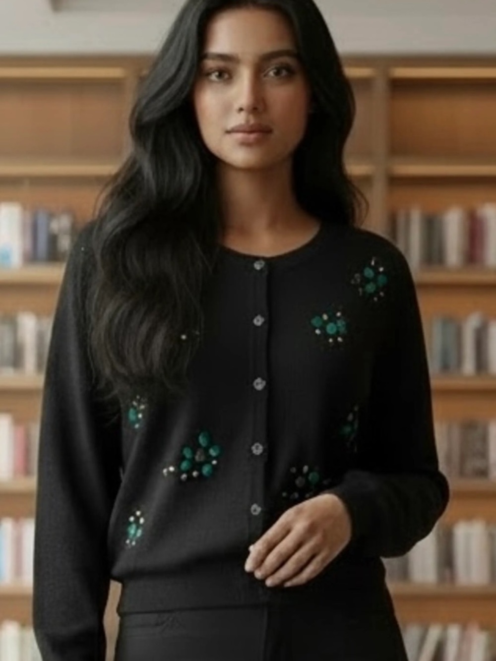 New York & Company Black Crewneck Cardigan Teal and Gold Embellishments Large